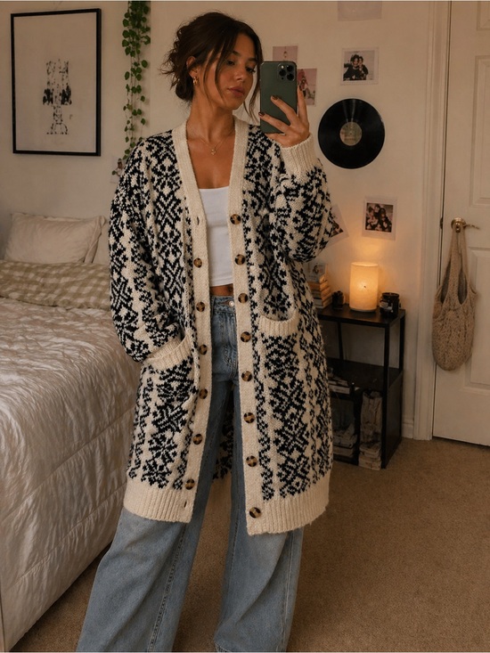 Lulus Sweaters - Lulus Black Cream Fair Isle Cardigan Oversized Chunky Knit Grandpa Sweater Sz M